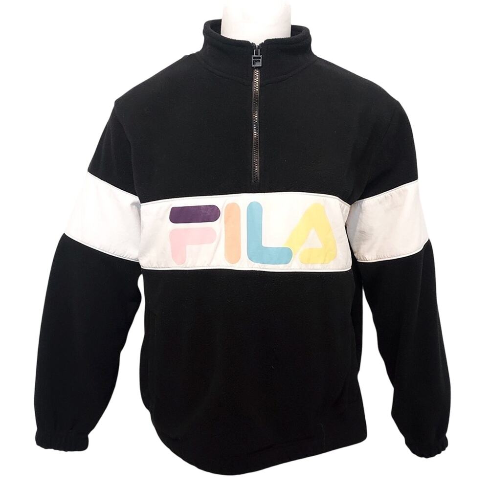 FILA Retro 80s Black Neon Color White Fleece Quarter Zip Pullover Ski Sweater XL